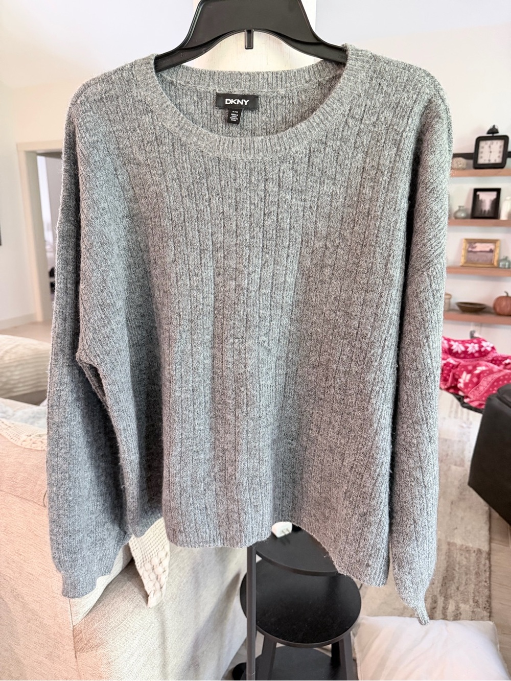 DKNY Gray Ribbed Crewneck Pullover Sweater